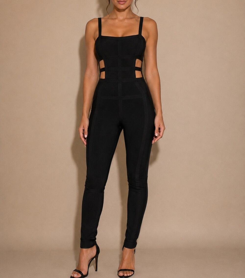 Herve Leger Bailee Black Bandage Cage Cutout Jumpsuit XS Bodycon Women